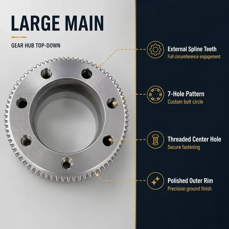 Custom Splined Main Gear Hub 7-Bolt Pattern Threaded Center Bore Precision CNC Parts