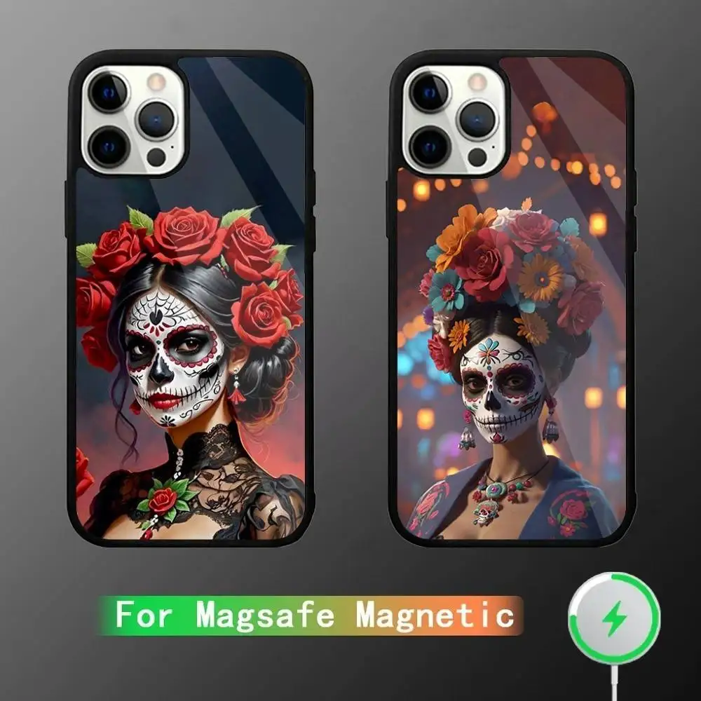 

Mexican Catrina Skull Phone Case For iPhone 16,15,14,13,12,11,Pro,Max,Plus,Mini,SE New Magsafe Magnetic Wireless Charging
