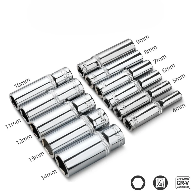 Metric Long Chrome Socket Set 1/4-Inch Drive Hex Deep Socket From 4 MM To 14 MM Professional Grade Wrench Heads Ratchet Tool