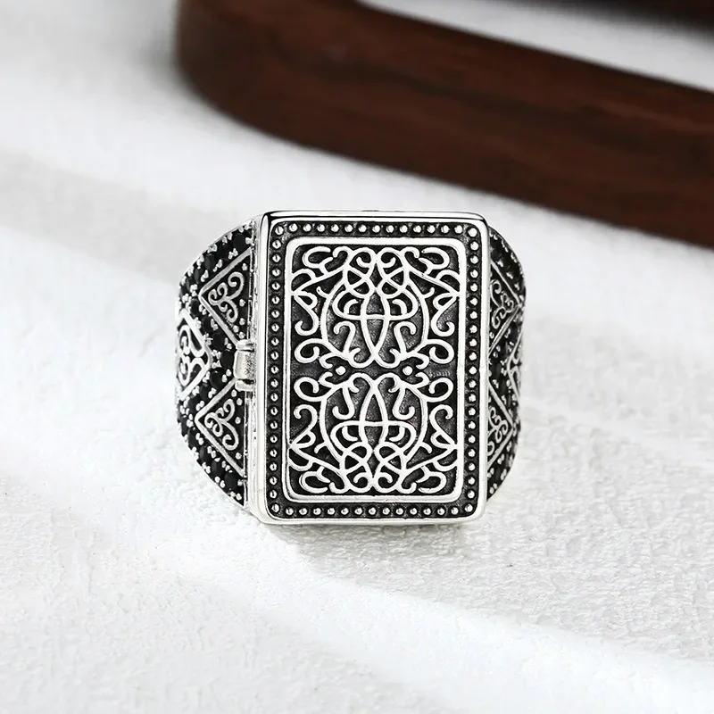 Vintage Exquisite Carved Square Tang Grass Ring, Openable Top, Punk Rock Hip Hop Unisex Adjustable Handmade Statement Jewelry