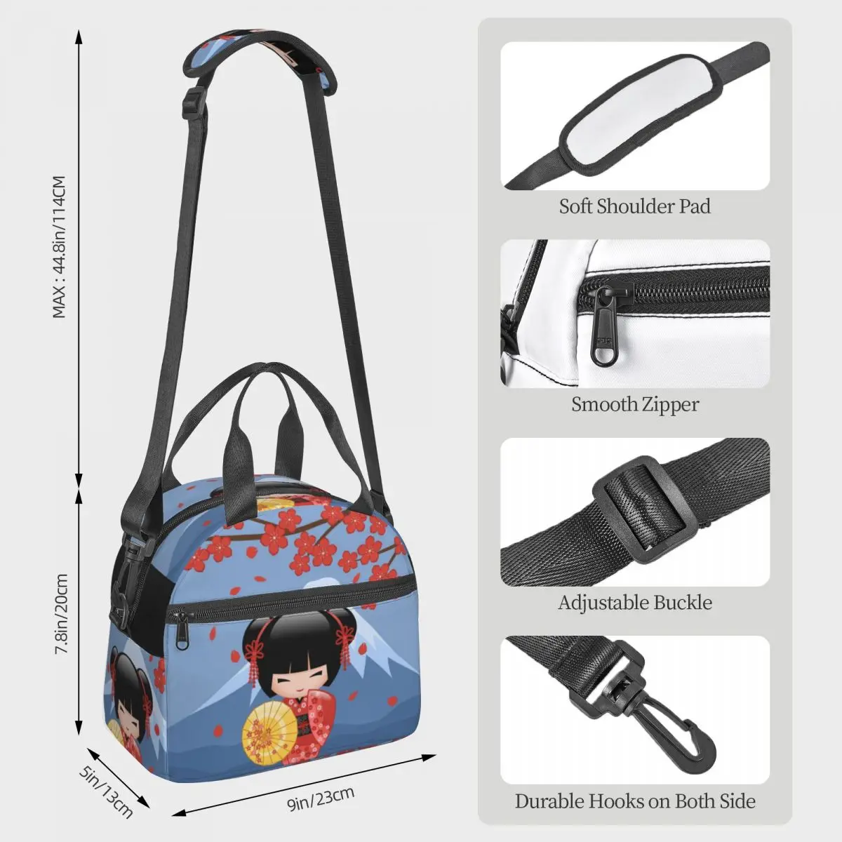 Lunch Bag com isolamento térmico com alça de ombro ajustável, sacola portátil para comida, boneca Sakura Kokeshi vermelha, grande, japonesa