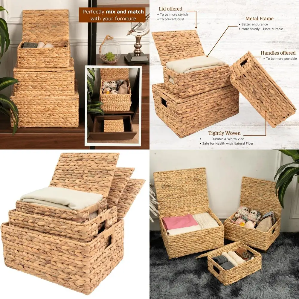 

Large Decorative Wicker Storage Basket with Lid - 14x11x7 Rectangle Rattan Organizer Box