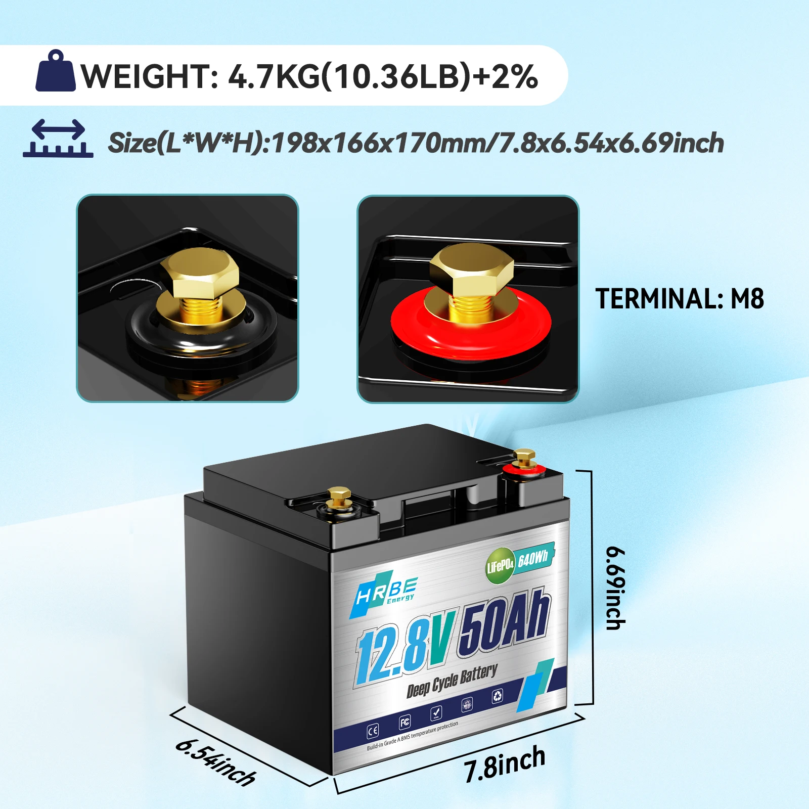 HRBEEnergy 12V 50AH LiFePO4 Lithium Battery Pack 50A BMS 4000+Cycle For Home Energy, RV, Trolling Motor, Marine, Solar, Off-Grid