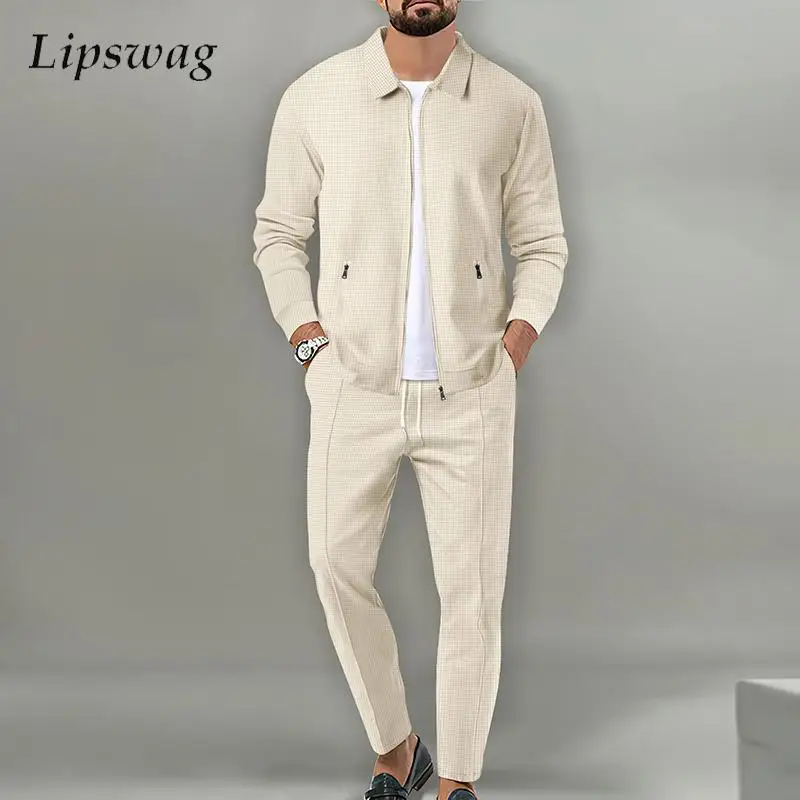 

Leisure Waffle Two Piece Suits Men Casual Loose Lapel Zip-up Coats And Pants Sets For Mens Clothing Autumn Fashion Outfits Male