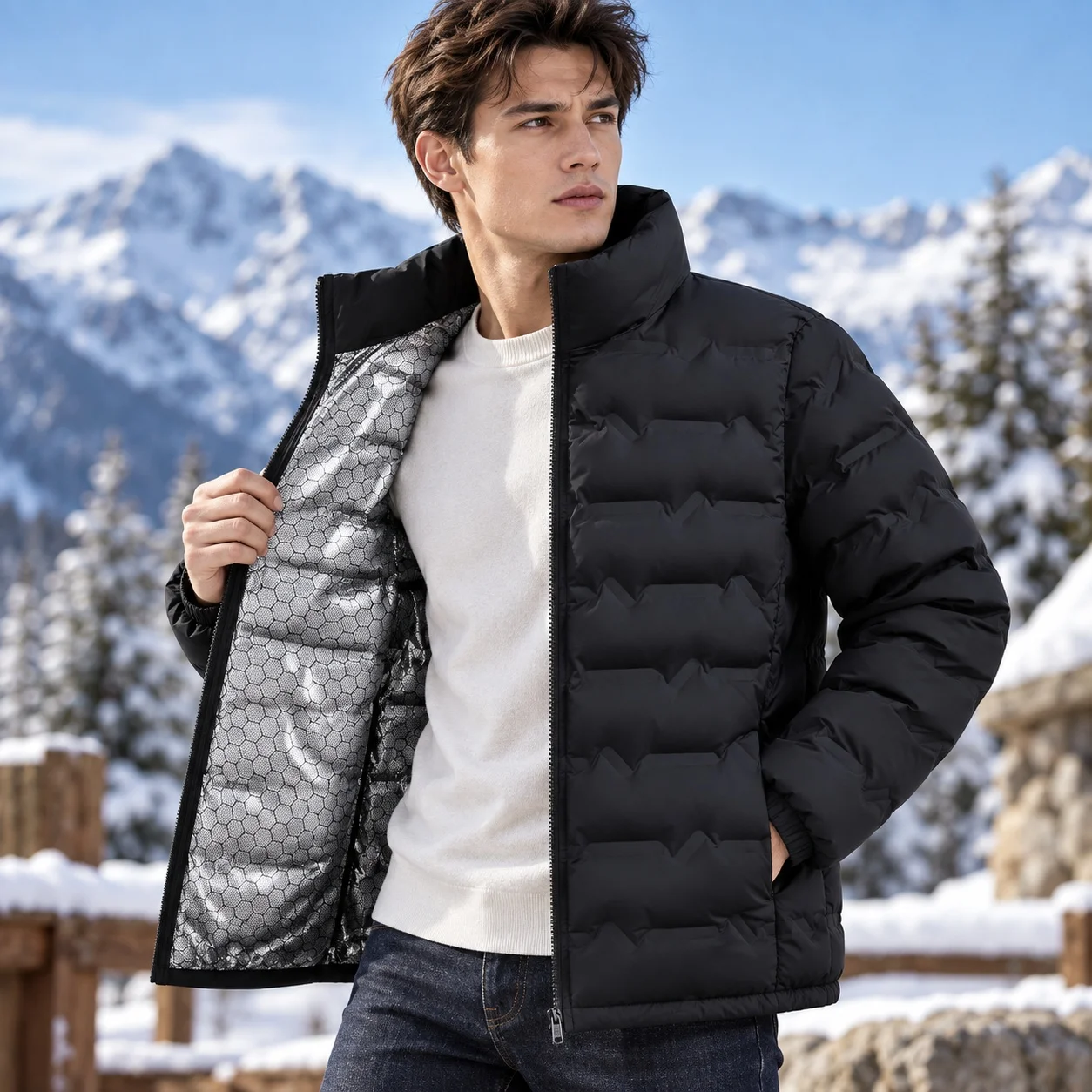 Casual Hooded Cardigan Fitted Waist Youthful with Single Breasted Regular Length Patchwork Winter Side Seam Pockets for Men