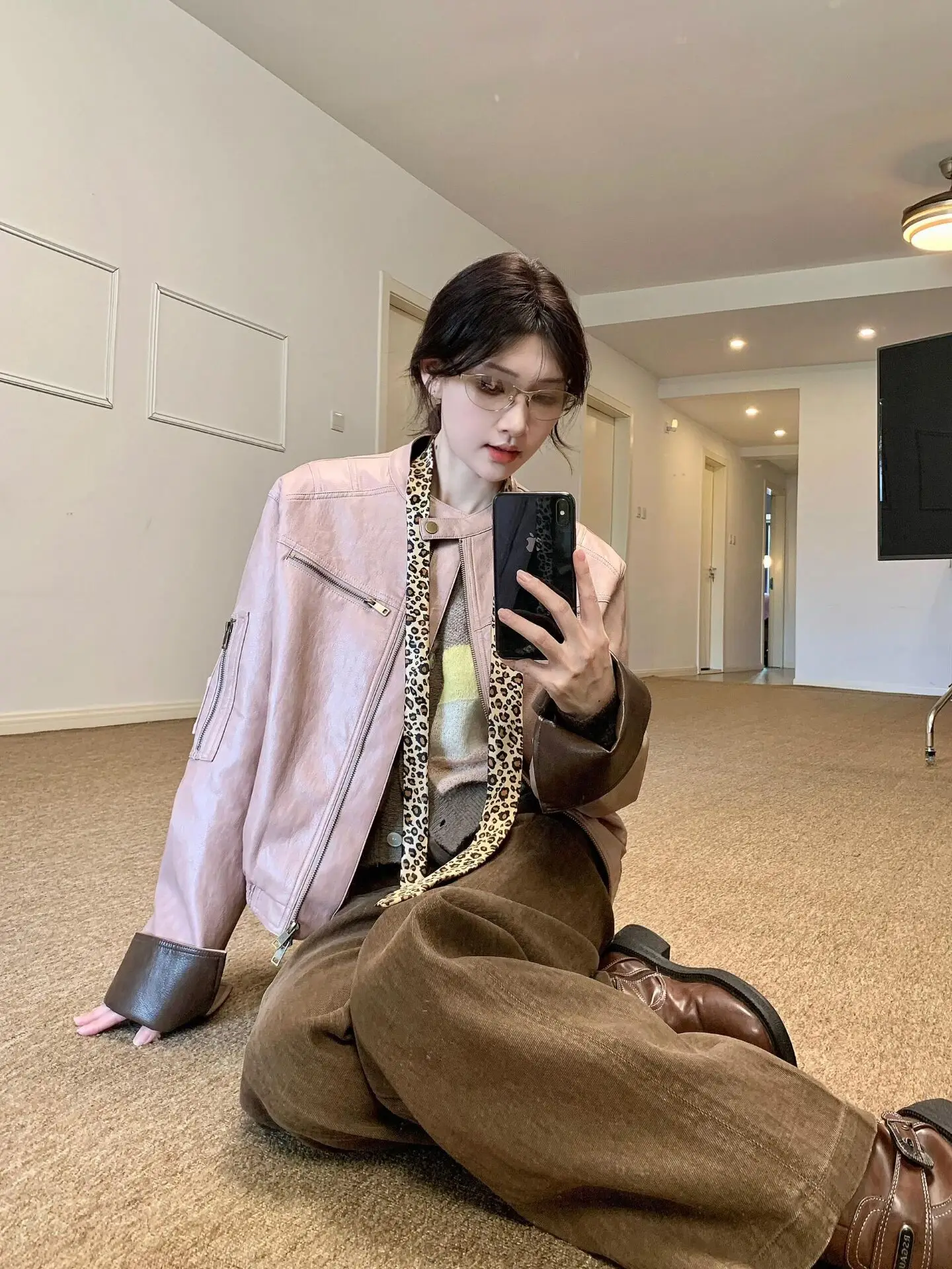 

Pink Biker Jacket Women's Loose Casual Outerwear Fashionable Coat Trendy Autumn Winter New Arrival Commute Style Zipper Closure