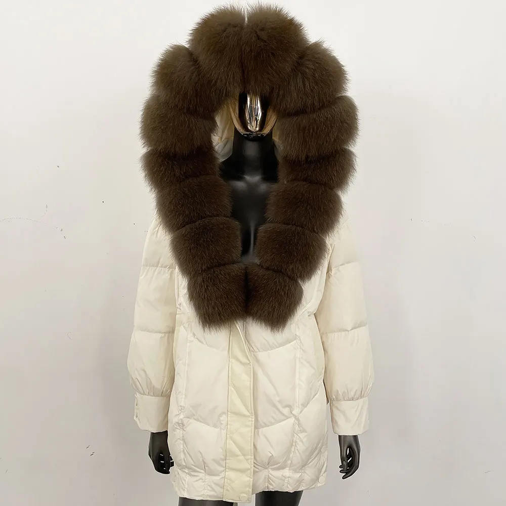 Płaszcz puchowy z kapturem z prawdziwego futra lisa, bardzo duży, błyszczący, modny, nowy zimowy płaszcz z futrem, damska parka, odzież wierzchnia, kurtka puchowa.