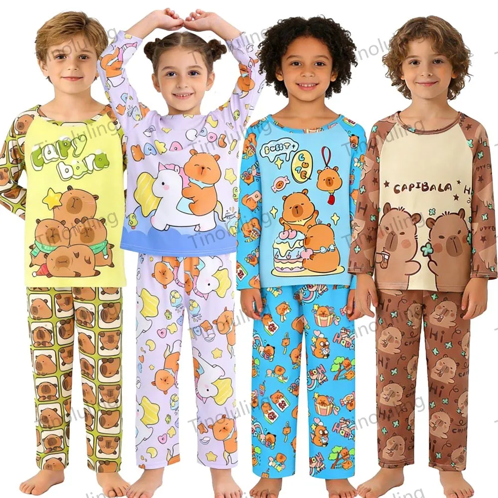 Children's Pajamas 2026 Girl Sleepwear 2pcs Sets Funny Capybara Pijamas Long Sleeve Night Suits 3 to 4 5 6 7 8 9 10 11 12 Years