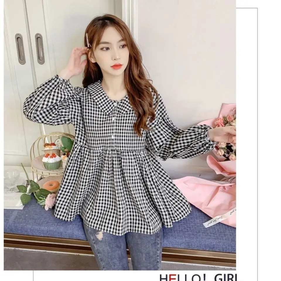 Pullovers Buttons Printing Plaid Office Lady Young Style Cute Fashion Loose Long Sleeve Sweet Women\'s Clothing O-neck Blouses