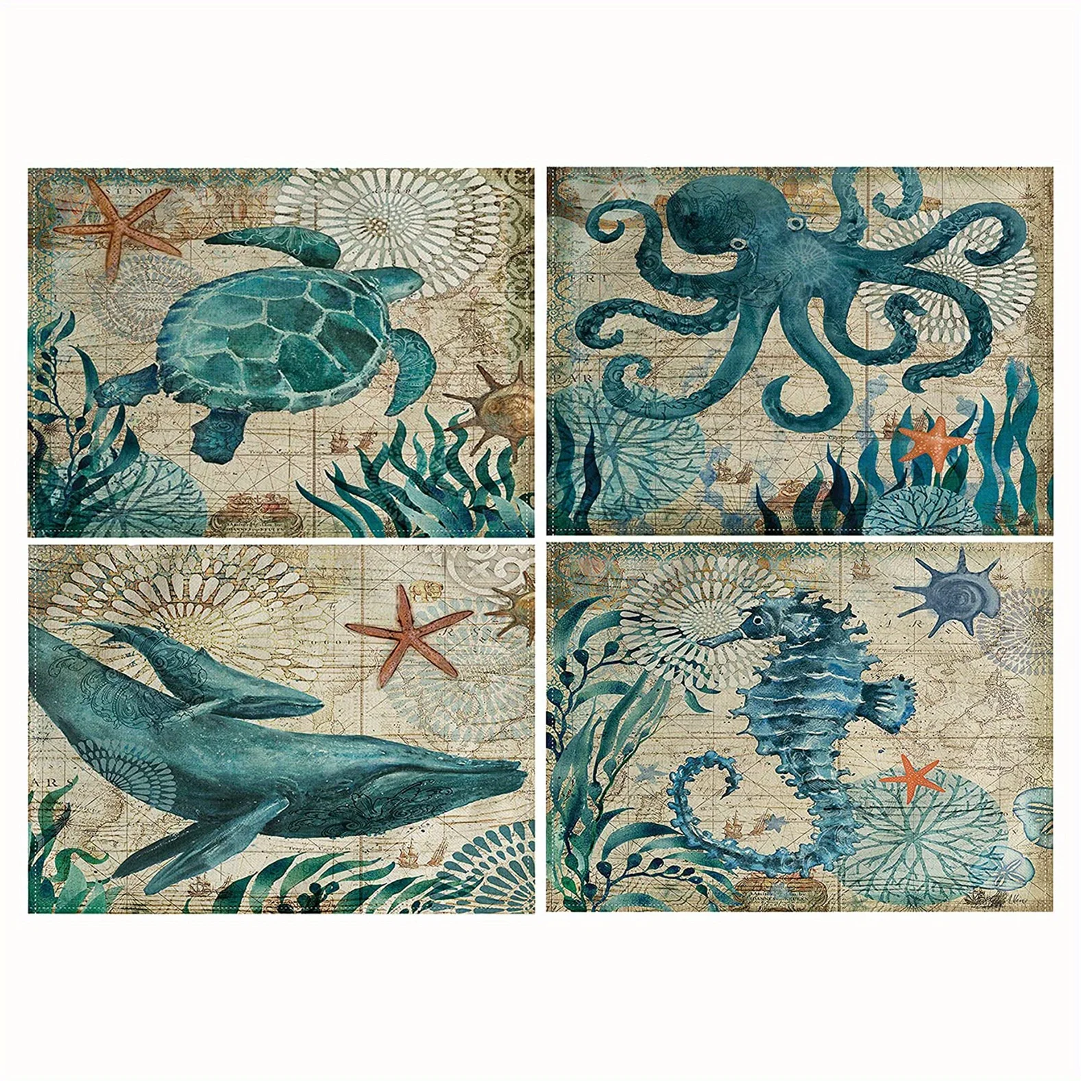 1pc Vintage Ocean Style Encrypted Linen Placemat, Summer Style Seahorse/Starfish/Seashell/Conch Table Mat, Tabletop Protection