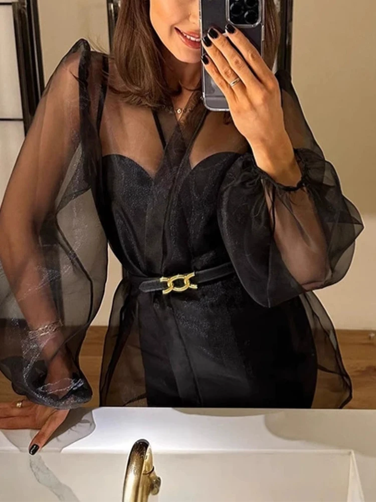 Women Casual Puff Sleeves Temperament Shirt Summer Sexy Perspective Lace-Up Waist Tops 2026 Spring Elegant V-neck Commute Blouse