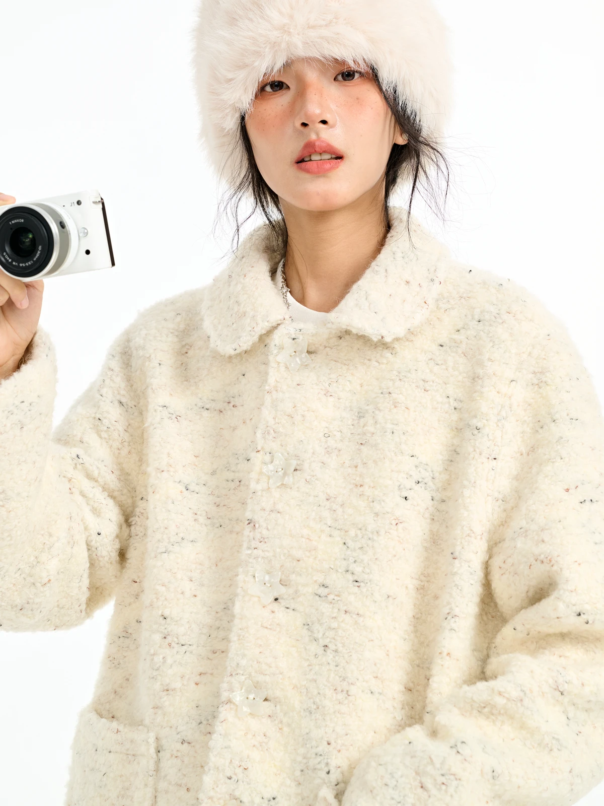 

Warm Woolen Coat with Doll Collar And Dot Pattern Spring Faion Ladies' Premium Quali Outerwear for Women