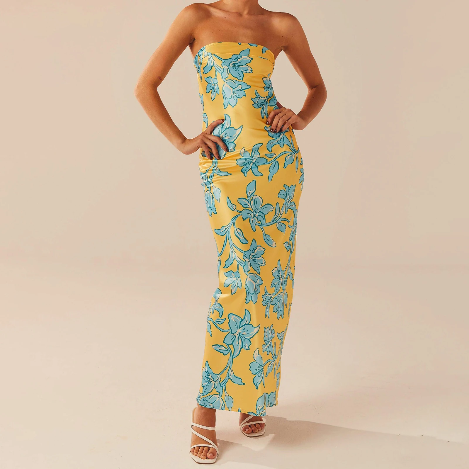 المرأة الصيف حمالة الجمالية الأزهار بسط الفرقة انقطاع عارية الذراعين أكمام مستقيم Bodycon أنبوب فستان طويل