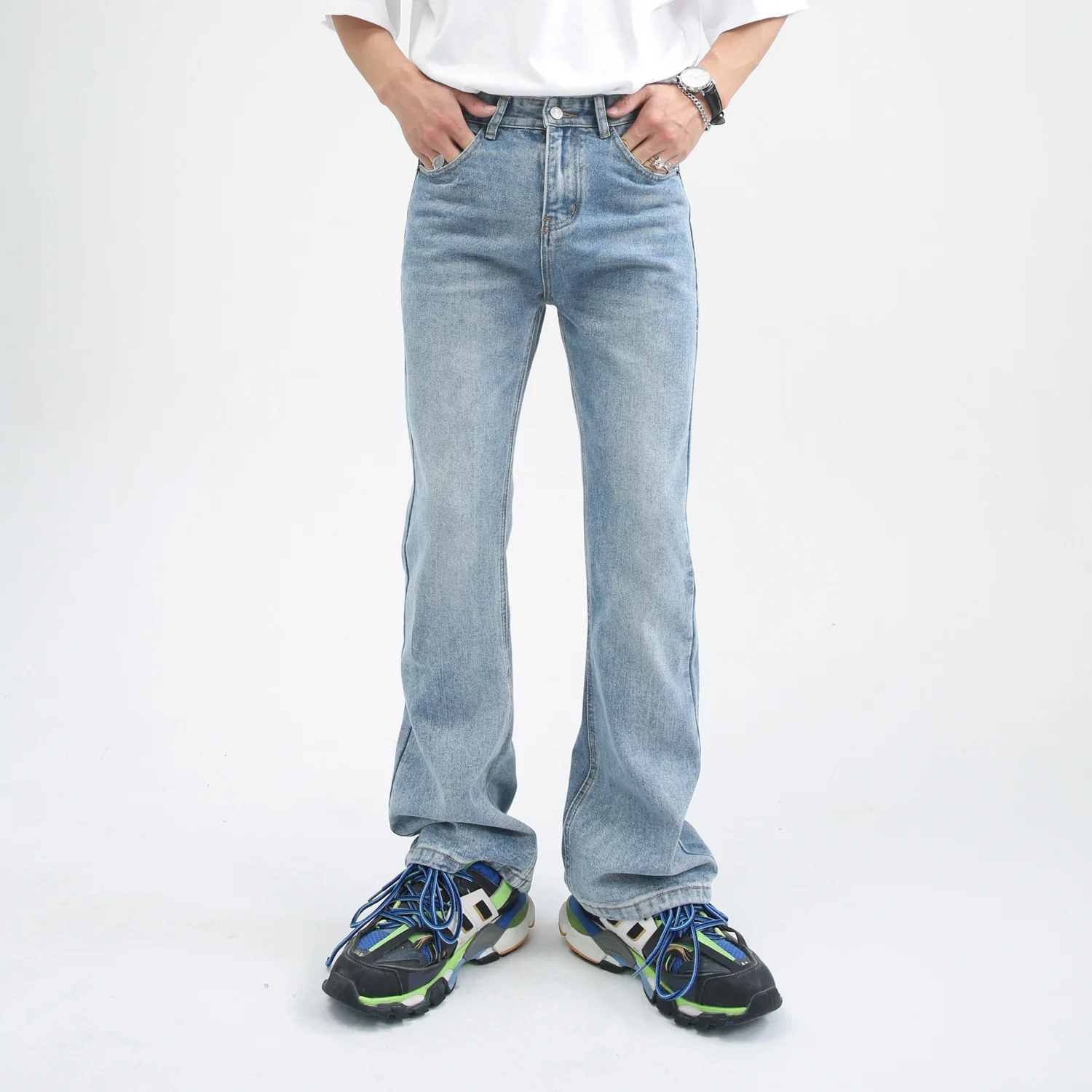 Male Japan Korea Style Vintage Denim Trousers Pant Men High Street Hip Hop Casual Hole Small Flare Jeans Pant