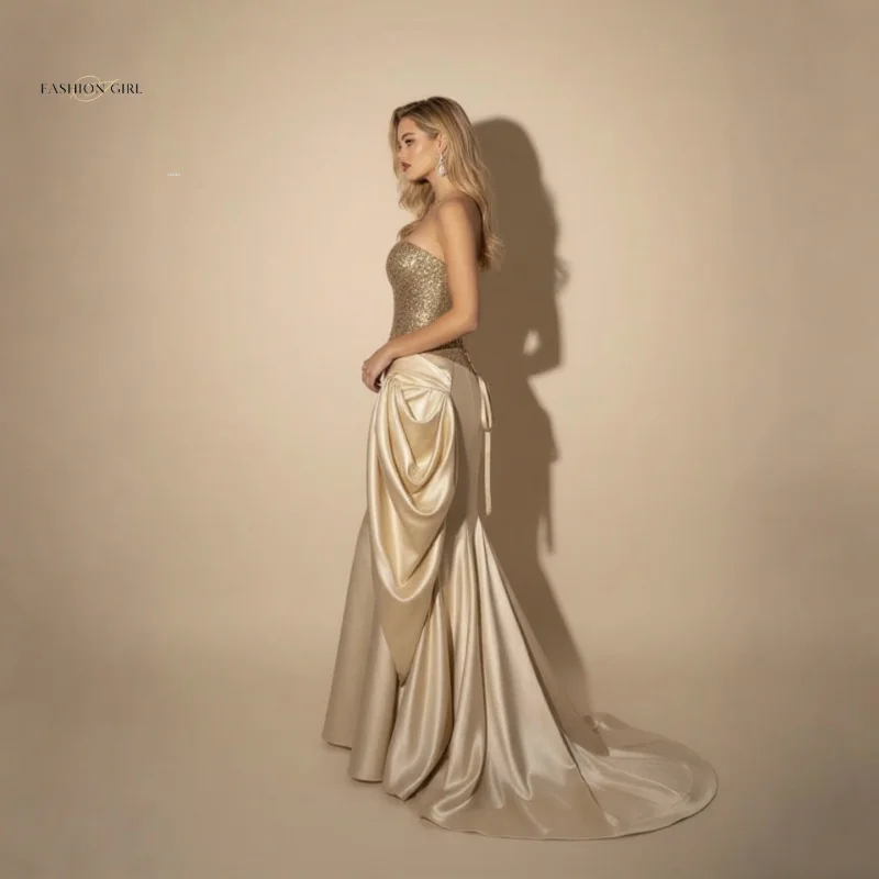Maßgeschneidertes trägerloses goldenes Pailletten-enges Korsett-Satin-Abendkleid für Damen, luxuriöses langes formelles Kleid, Party, Hochzeitsgastkleid
