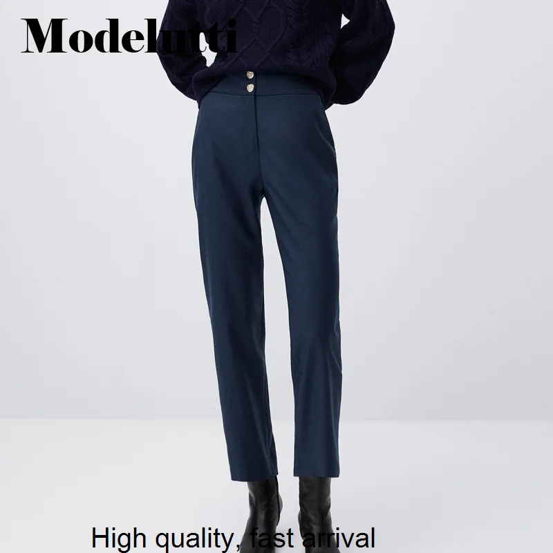 

New Spring 2023 Autumn Fashion Double Button Design Wool Trousers Women Pants Casual Solid Color Simple Bottoms Female