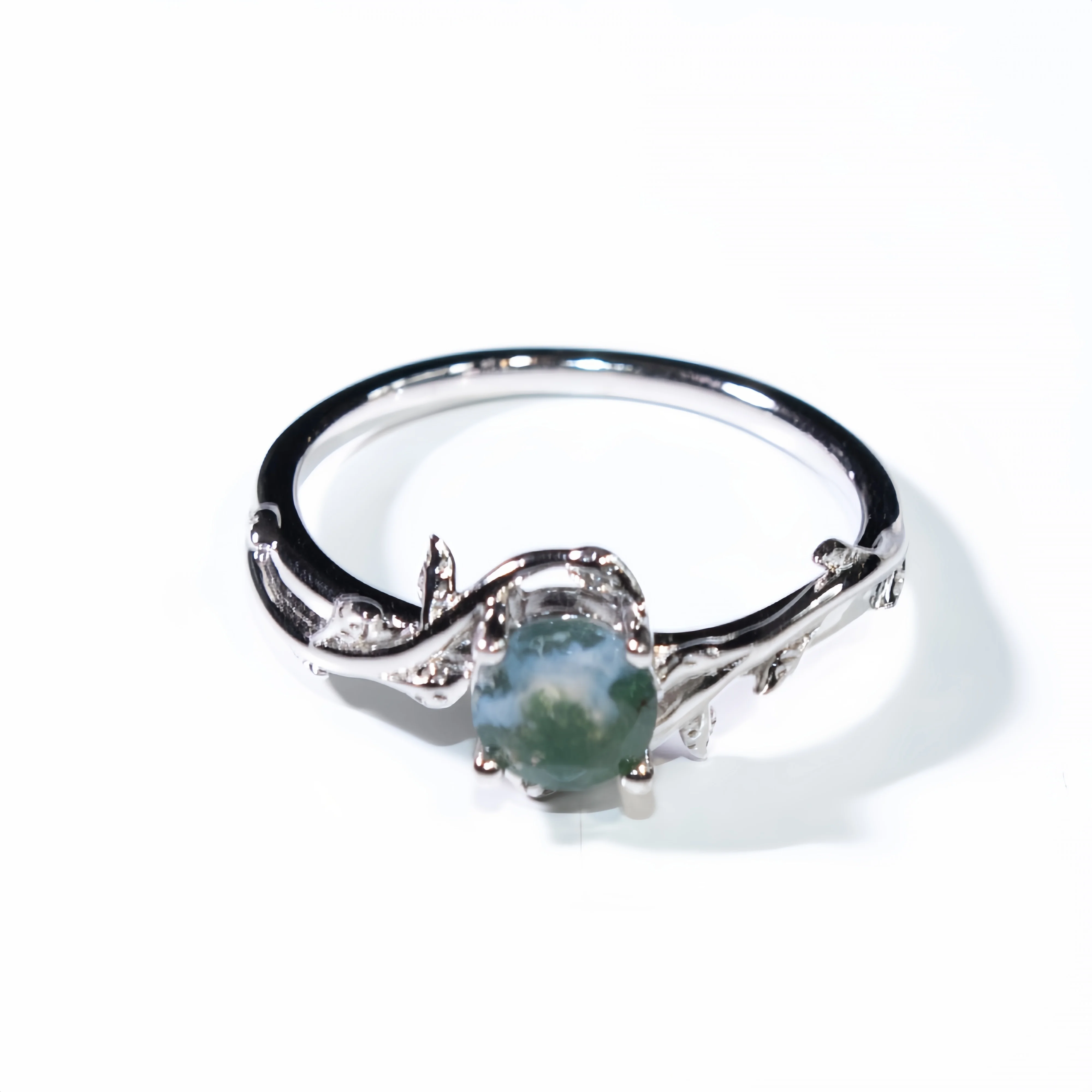 925 Sterling Silver Round Moss Agate Ring 5*5mm Olive Branch Design Jewelry Valentine Gift