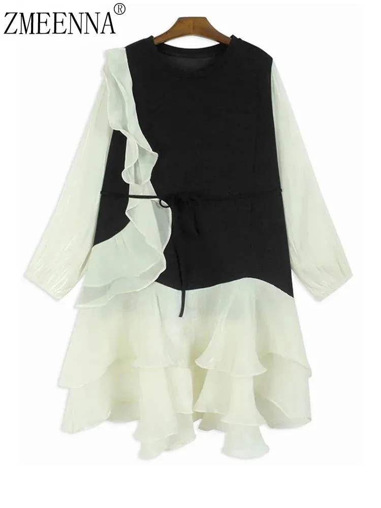 

ZMEENNA Women's Black And White Ruffle Tiered Dress Long Sleeve Round Neck Mini With Belt Casual Loose Fit A Line ZM3263