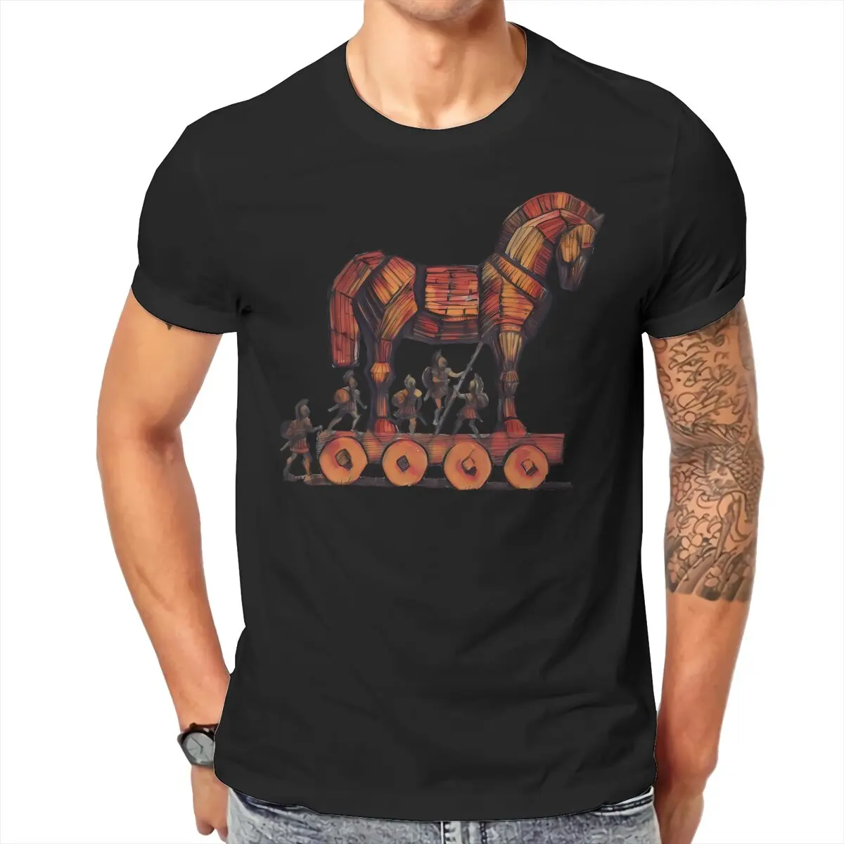 Trojan Horse TShirt for Men Made Of Wood Basic Casual Tee T Shirt High Quality Trendy Fluffy