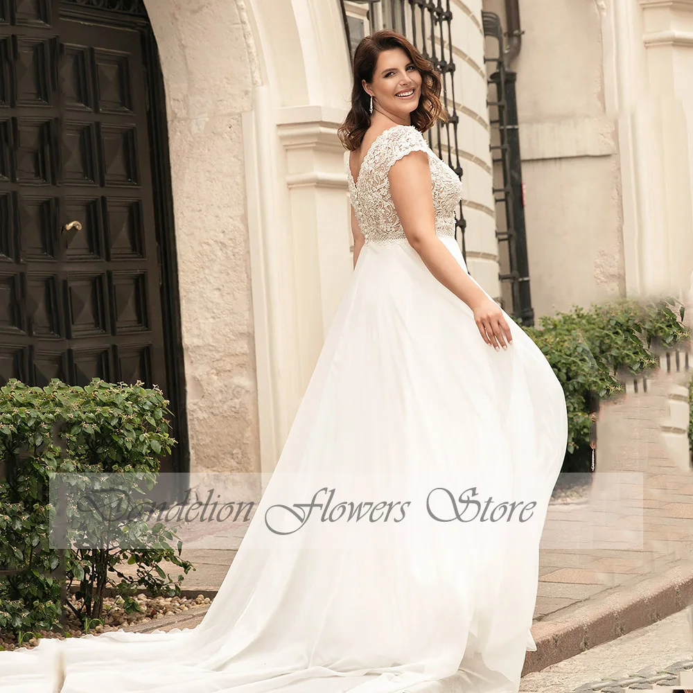 Cổ Điển Wedding Dresses Cho Phụ Nữ Cộng Với Kích Thước Cap Sleeves V-Cổ Dây Kéo Cô Dâu Gowns Voan A-Line Sweep Train Vestido De Novia