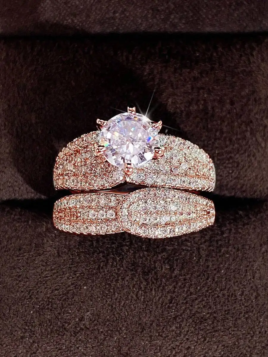

2pcs Cubic Zirconia Ring Set For Women Engagement Wedding Anniversary Party Jewelry
