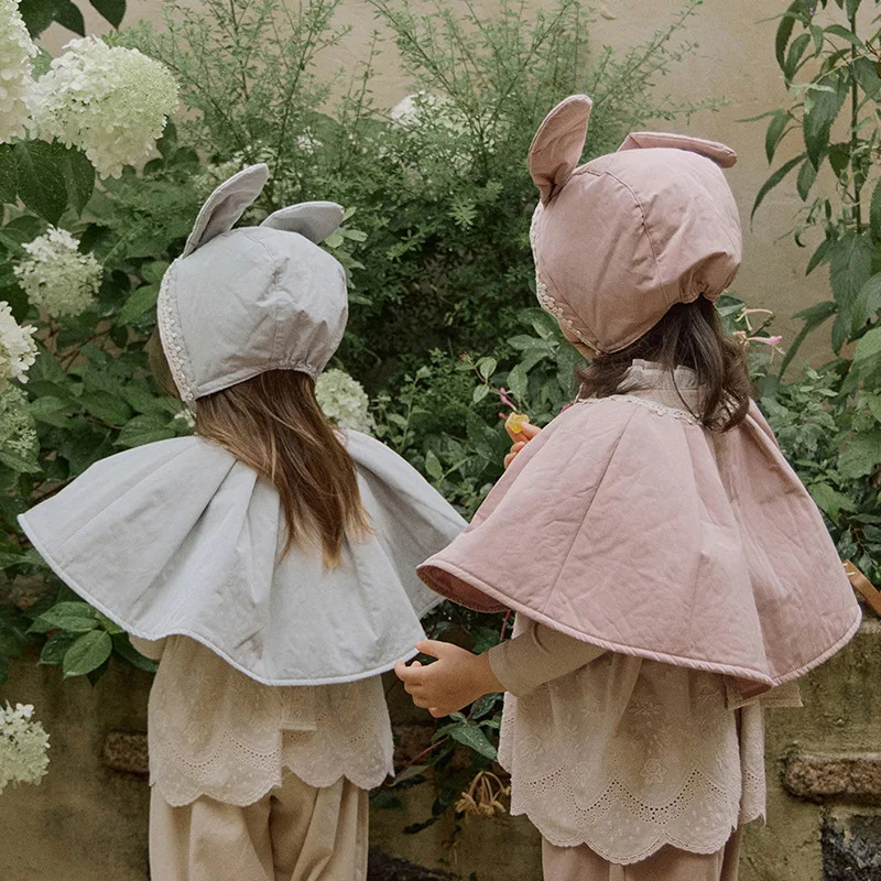 2025 Autumn and Winter New Product Korean Children and Girls Cute Cotton-padded Cloak Rabbit Ear Hat Set