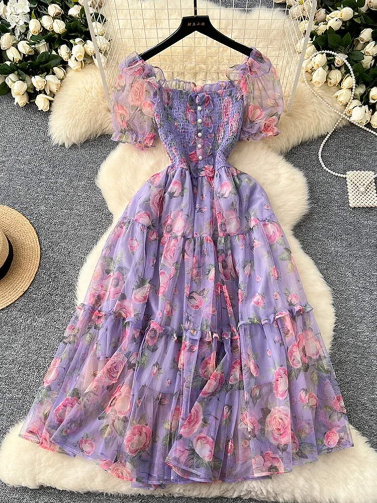 for Women New Waist Cinched Slash Neck Bubble Sleeves Sweet Floral Chiffon Dress Female C146 Summer Vintage French Mesh Dress