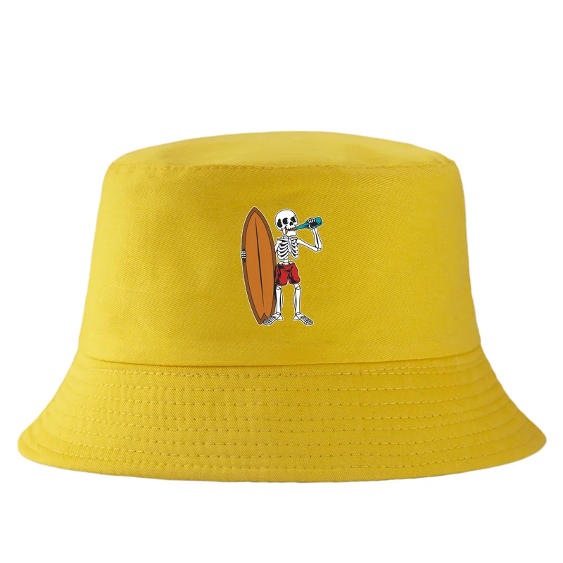 Trendy Skeleton Surfboard Bucket Hat Reversible Summer Beach Cap Boozy Surf Vibes Cool Fisherman Hat for Men Women Outdoor Bob