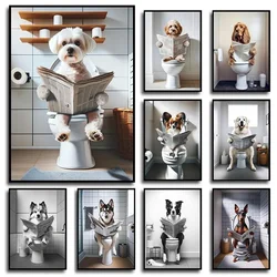 Funny Pet Dog In Toilet Reading Newspaper Animal Posters And Prints Canvas Printing Wall Art Picture For Bathroom Petshop Decor