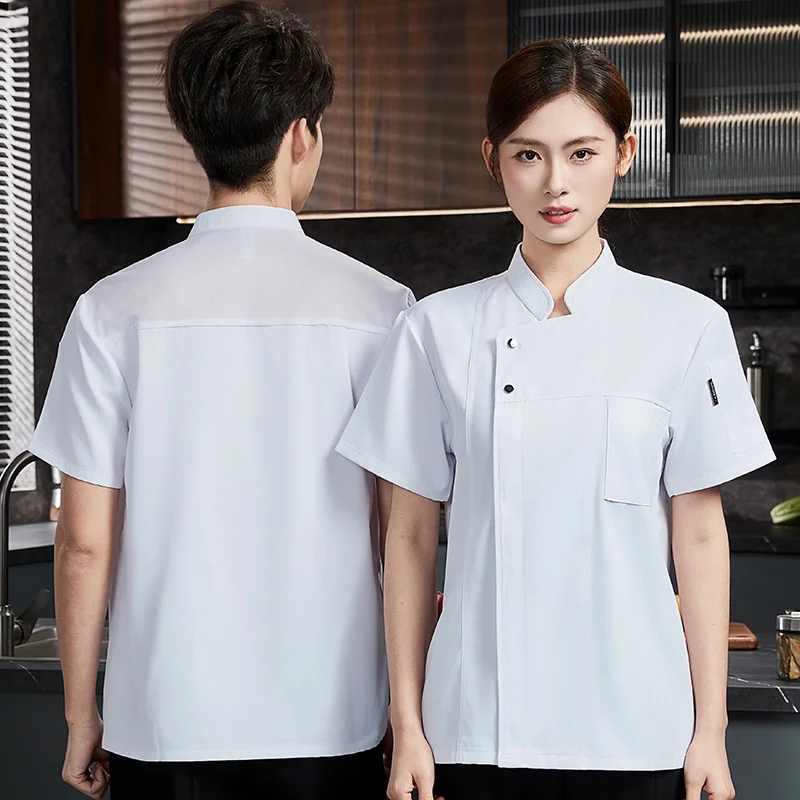 Manteau de Chef d'été à manches courtes, short de Chef respirant pour hommes, uniforme noir, veste de Chef de Restaurant, vêtements de travail, logo, tablier de cuisine