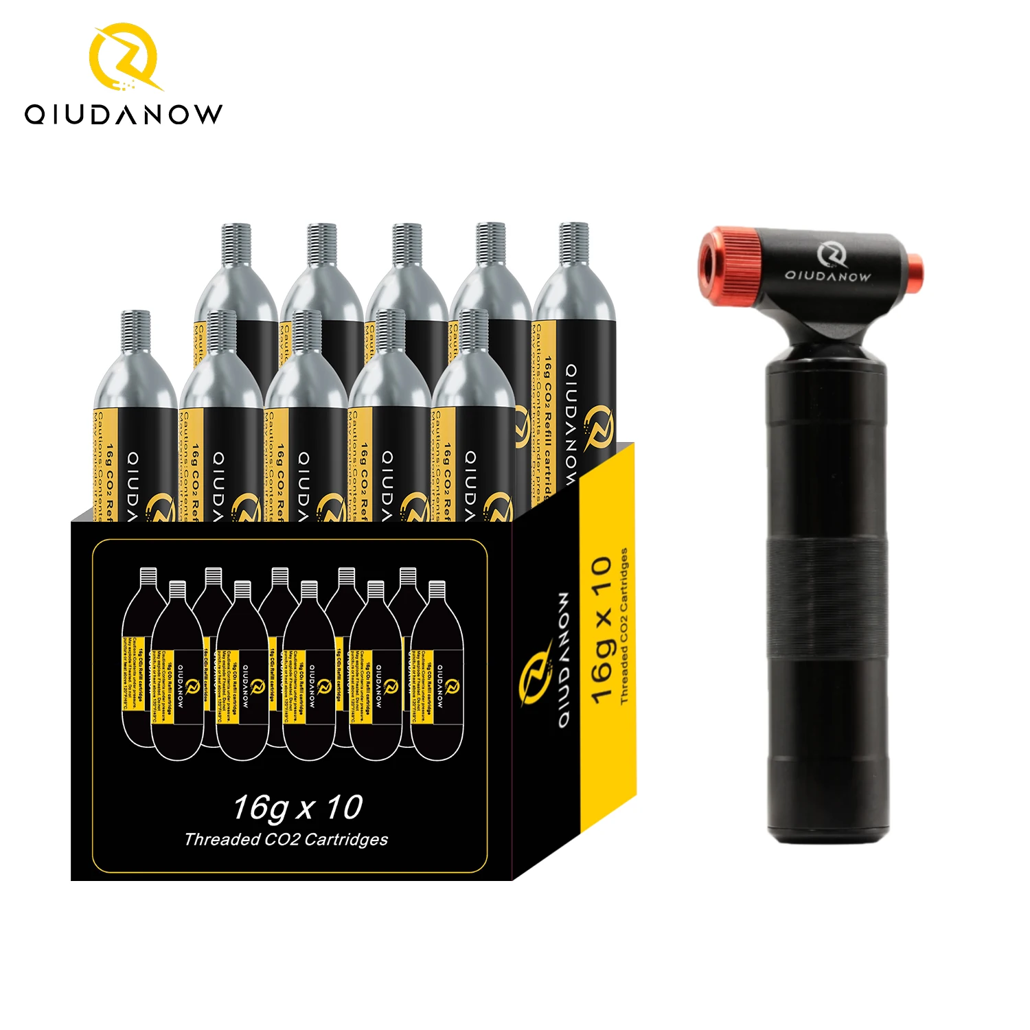 QIUDANOW CO2-Fahrradpumpe für Schrader und Presta mit Vorratsbehälter, komplett aus Aluminium, Reifenschlauch-Inflator-Set, MTB-Rennrad in Mini-Größe