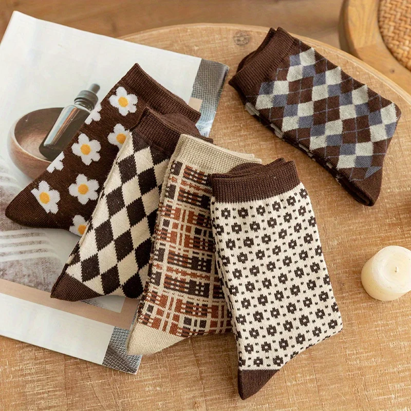 5 Pairs Women Cotton Argyle Comfortable Crew Socks Floral Print Fashion Middle Tube Short Socks Set Pack image 3
