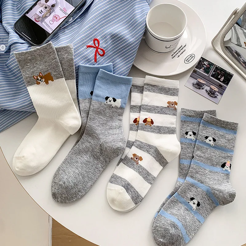 New Men's and Women's Cartoon Midtube Socks Matching Color Striped Gray Socks Cute Boneless Cotton Socks for Women
