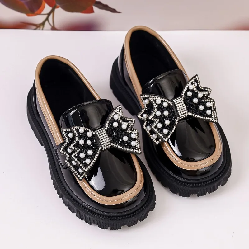Children Leather Shoes Sweet Bows Kids Princess Shoes Non-slip Soft Bottom 2026 New Fashion Girls Flat Shoes Trendy