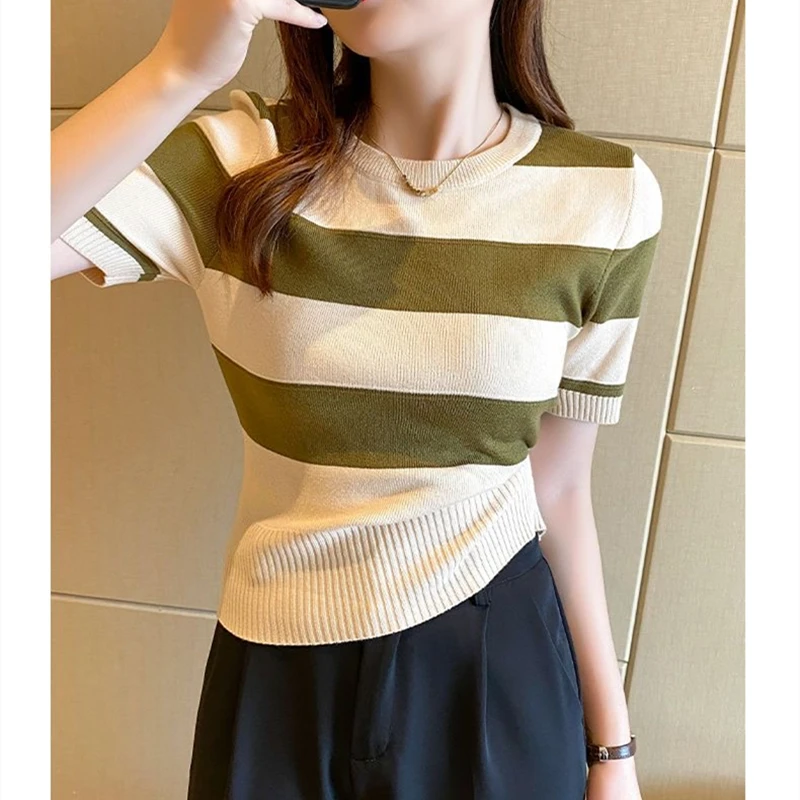 Shintimes gestreiftes O-Ausschnitt-Pullover-T-Shirt für Damen, kurzärmelig, Sommer-Crop-Top, gestricktes T-Shirt, koreanische Mode, Damenbekleidung – Detail 9