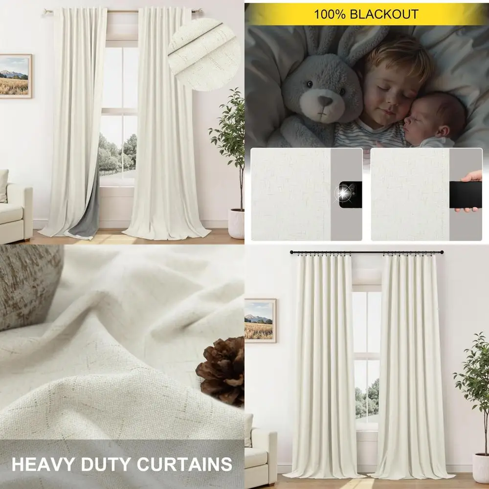 ผ้าม่านผ้าลินินกันหนาว สไตล์บ้านไร่โบโฮ ป้องกันแสงและกันความมืด ขนาด 42x102 นิ้ว สีครีม 2 ผืน