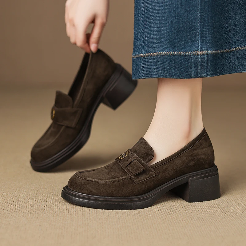2026 new spring summer women pumps natural leather 22-25cm kid suede+sheepskin+pigskin round toe metal thick heel women shoes