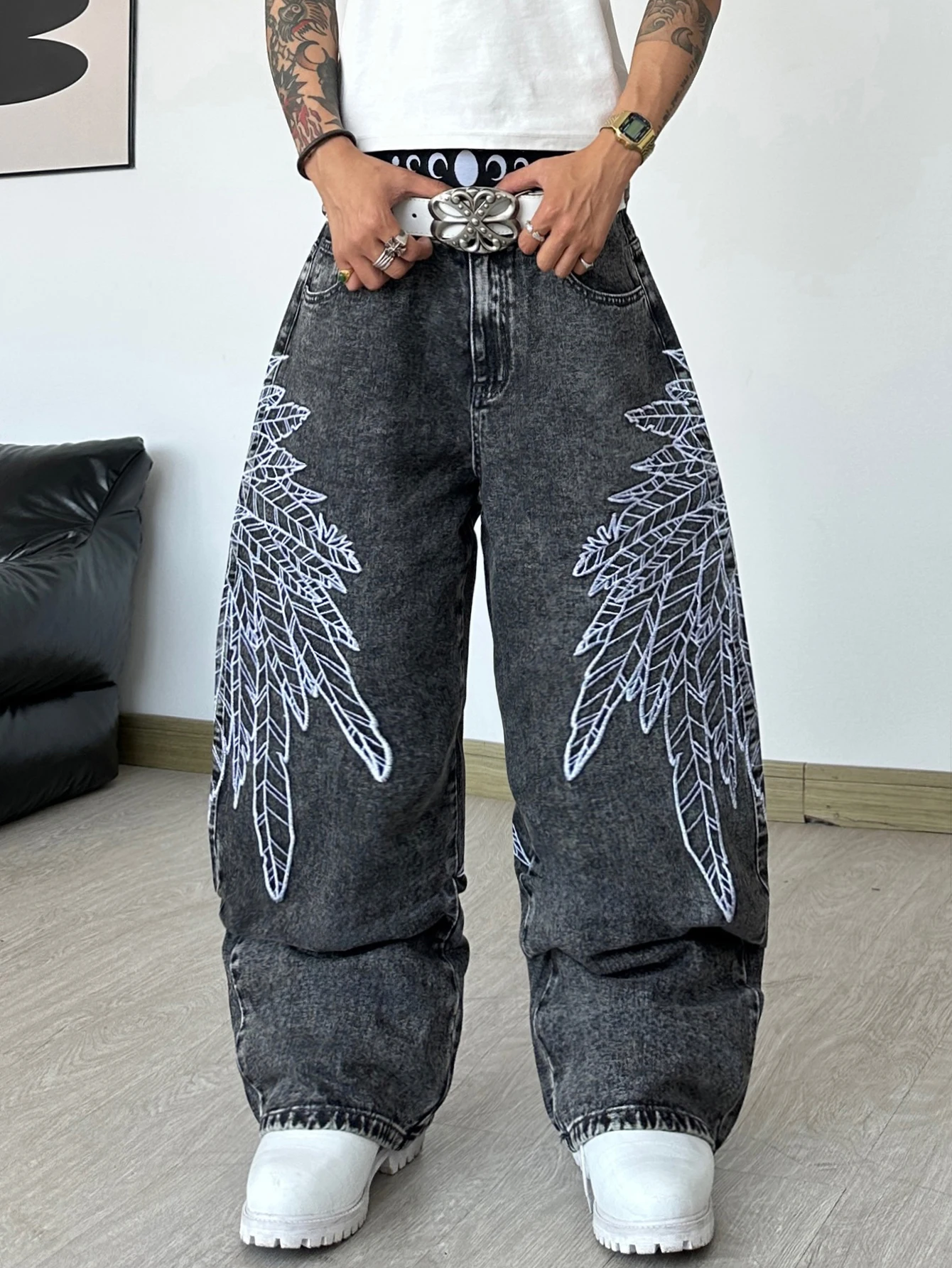 American Vintage Feather Lion Head Embroidered Snow Gray Men's Loose Wide-Leg Jeans Y2K Street Hip-Hop Trendy Versatile Pants