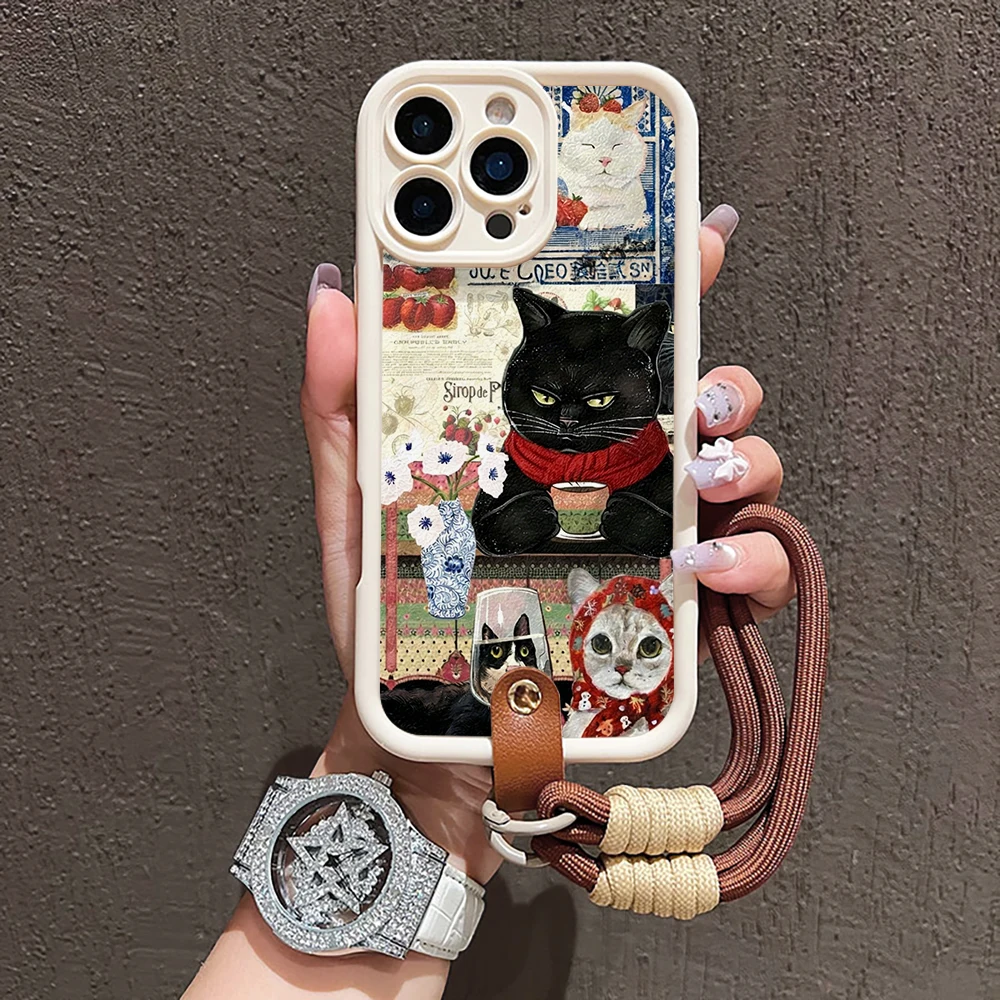 Modische Katzen-Collage-Silikon-Handyhülle für iPhone 16 17 Pro 15 14 13 12 11 Pro Max 16E 7 8 Plus XR XS mit Lanyard-Hülle – Detail 1