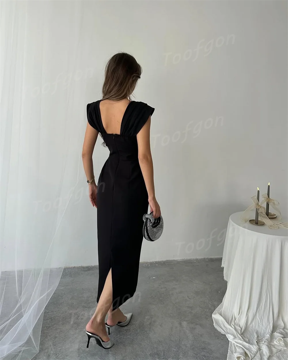 Toofgon Sexy Beaded Square Mermaid Prom Dresses Customized Wide Strap Women Formal Party Dresses Slit Wedding Engagement Gown