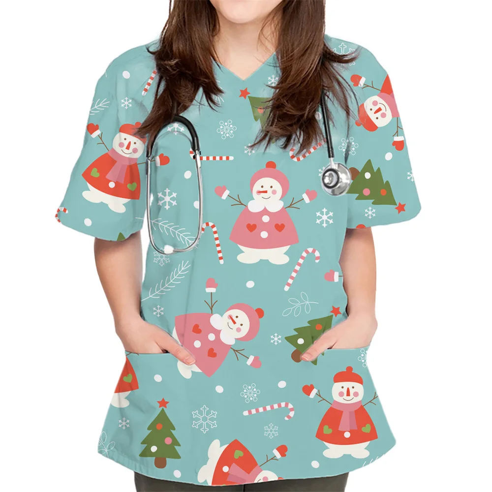 Clinical Uniform Woman Fashions Christmas Prints Nurse Scrubs Women V Neck Short Sleeve Pockets Nurses Uniform for Women Scrub