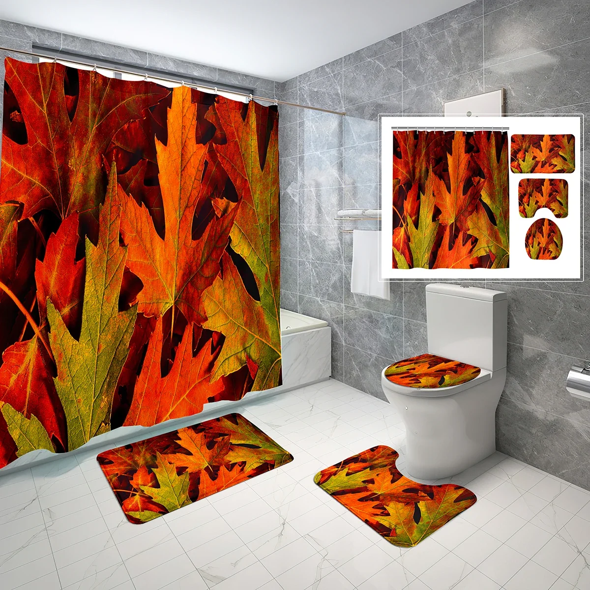 Leaves Shower Curtain Set Autumn Red Maple Leaf Bathroom Non-Slip Bath Mat Waterproof Shower Curtain Toilet Cover 4 PCS Set