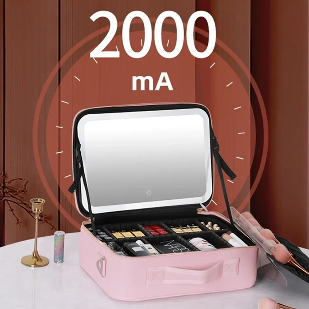 Woman Makeup Shoulder Bags Suitcase Cosmetic Storage Box With Mirror Charge LED Light Handbag Travel Portable Removable Toolbox