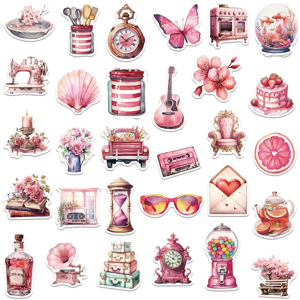 10/30/50pcs Pink Vintage Graffiti Stickers Aesthetic Waterproof DIY Laptop Notebook Computer Luggage Cute Decoration Decals Gift