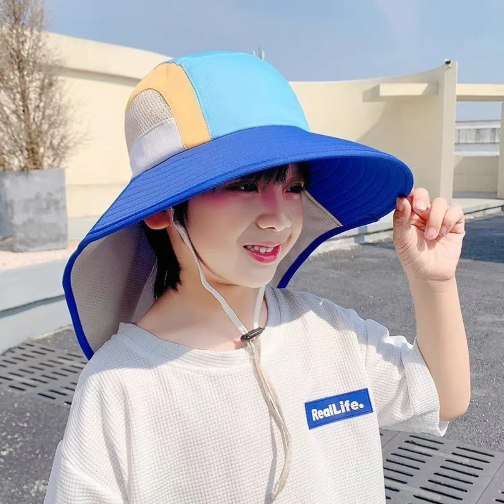 New UV Protection Breathable Wide Brim Beach Hats Neck Flap  Sun Hat Polyester with Strap Bucket Hat for Boys Girls