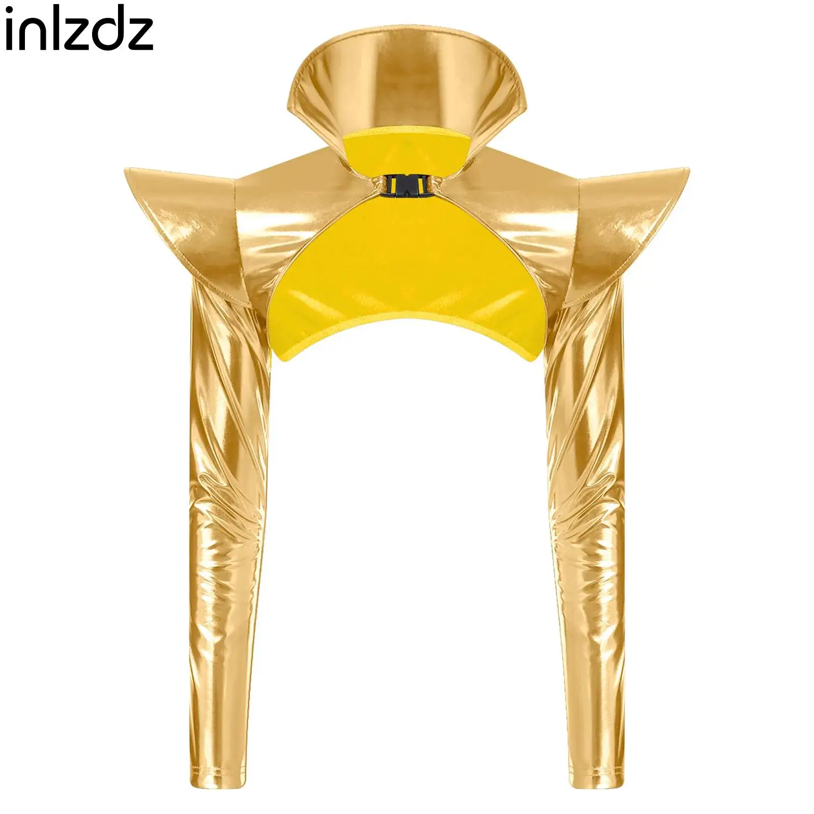 

Womens Gothic Metallic Crop Top Shrug Long Sleeves Structured Epaulets Stand Collar Open Front Buckle Pauldron Armor Clubwear