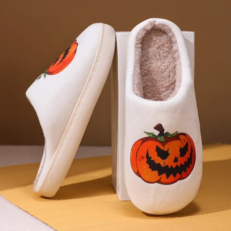 Winter Spooky Pumpkin Slippers Women Men Halloween Slippers Warm Plush Slip-On House Shoes Funny Pumpkin Lantern Cotton Slippers