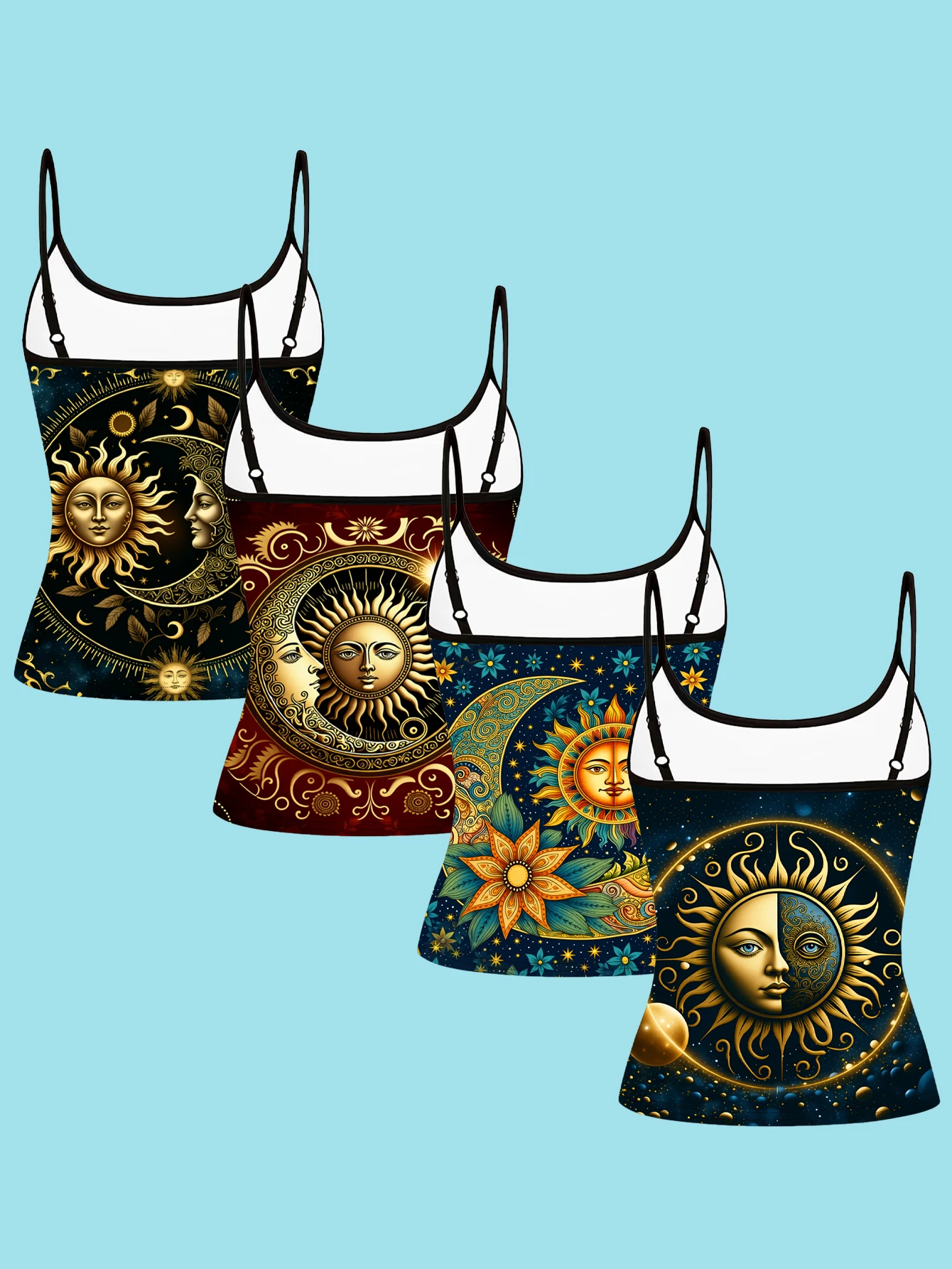 4-Piece Set of Women's Spaghetti Strap Camisoles with Gold Sun and Moon Mythological Art Print, Slim-Fit Sleeveless Tops, Bohemian Spiritual Style Outerwear and Innerwear Base Layer Shirts