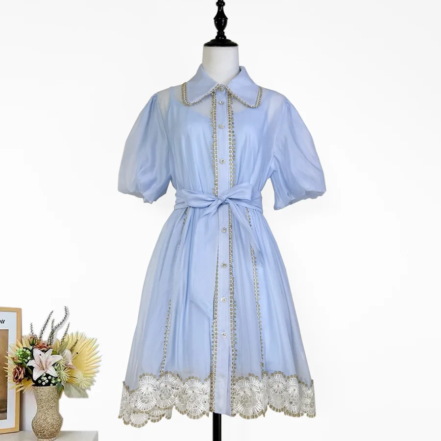 

Summer Women's Dress French Lapel Phnom Penh Lace Embroidered Splicing Lace