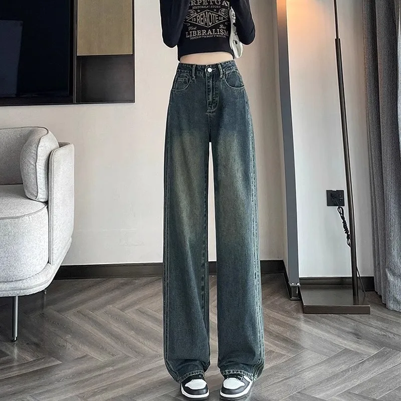 Vintage Wide-leg Jeans for Women Spring and Autumn New Style, Narrow Version High Waist Slim-fitting Straight-cut Casual Pants